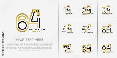 Anniversary logo type set with double line number. black and golden color for celebration event