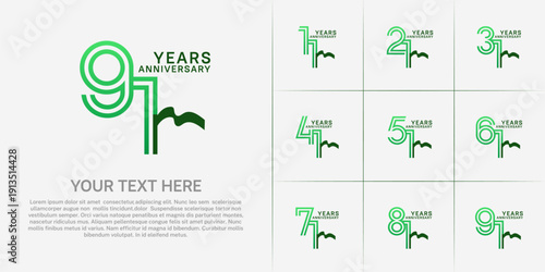 Anniversary logo type set with double line number. green color and ribbon for celebration event