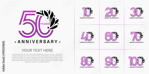 Anniversary logo type set with double line number and black floral ornament. purple color for celebration event