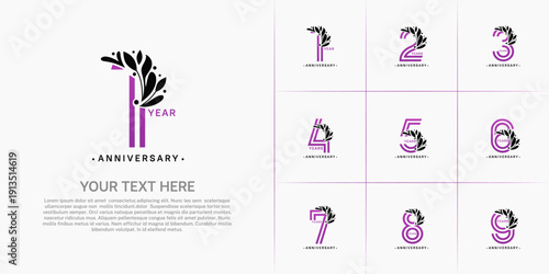 Anniversary logo type set with double line number and black floral ornament. purple color for celebration event
