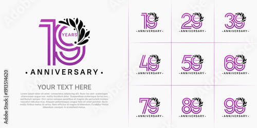 Anniversary logo type set with double line number and black floral ornament. purple color for celebration event