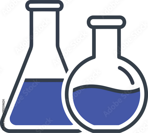 Two glass laboratory flasks with blue liquid science research chemistry education experiments equipment vector