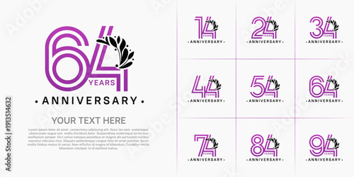 Anniversary logo type set with double line number and black floral ornament. purple color for celebration event