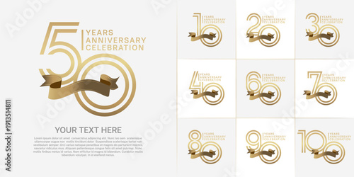 Anniversary logo type set with double line number. gold color with golden ribbon for celebration event