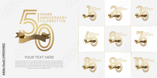 Anniversary logo type set with double line number. gold color with golden ribbon for celebration event