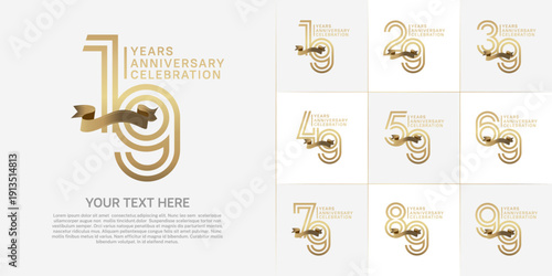 Anniversary logo type set with double line number. gold color with golden ribbon for celebration event