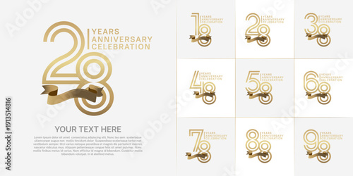 Anniversary logo type set with double line number. gold color with golden ribbon for celebration event