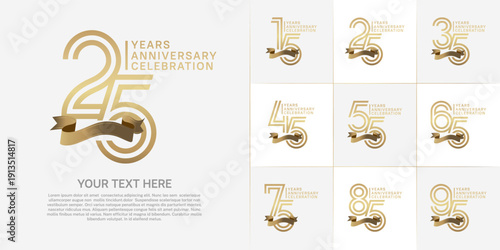 Anniversary logo type set with double line number. gold color with golden ribbon for celebration event