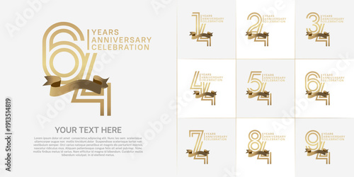 Anniversary logo type set with double line number. gold color with golden ribbon for celebration event