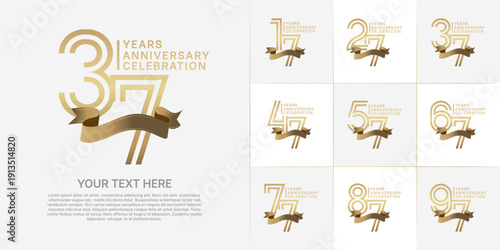 Anniversary logo type set with double line number. gold color with golden ribbon for celebration event