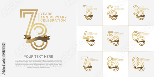 Anniversary logo type set with double line number. gold color with golden ribbon for celebration event