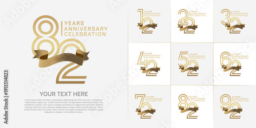Anniversary logo type set with double line number. gold color with golden ribbon for celebration event