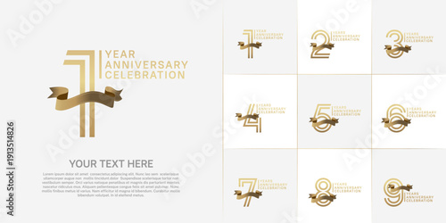 Anniversary logo type set with double line number. gold color with golden ribbon for celebration event