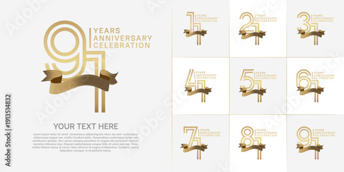 Anniversary logo type set with double line number. gold color with golden ribbon for celebration event