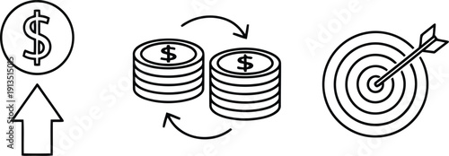 Financial growth target achievement coins transaction business success icons collection vector vector