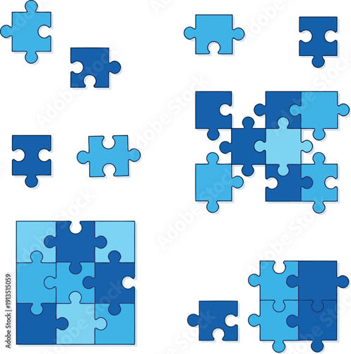 Abstract blue puzzle pieces connecting forming abstract shapes strategy solution concept vector