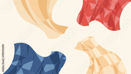 Abstract aerial view of flowing fabric texture with smooth colorful waves in pastel and bold tones. Modern artistic textile background inspired by silk movement and dynamic curves