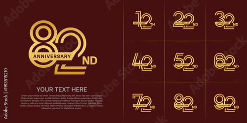 Anniversary logo type set with double line number. gold color with ribbon for celebration event