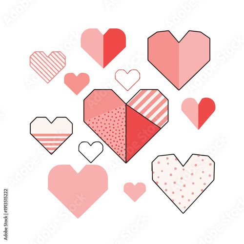 A collection of heart shapes, varying in color and patterns, on white
