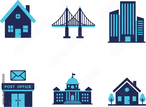 Collection of modern city buildings icons set for urban design and architecture projects vector