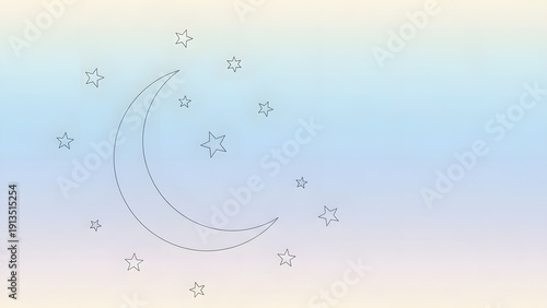 A serene celestial scene featuring a crescent moon surrounded by twinkling stars against a soft, gradient sky of pastel hues, evoking a sense of peace and wonder