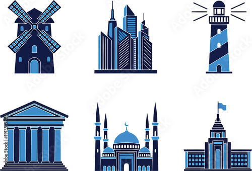 Vector icons collection iconic landmarks buildings architecture cityscapes global travel destinations vector