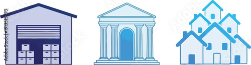 Diverse building icons representing warehouse bank and residential housing property types vector