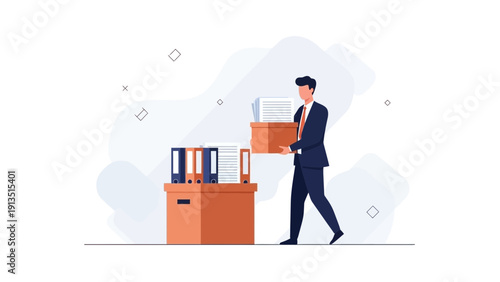 Businessman carrying box of files, office relocation and downsizing concept