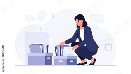 Woman Organizing Files and Documents in Boxes, Office Paperwork.