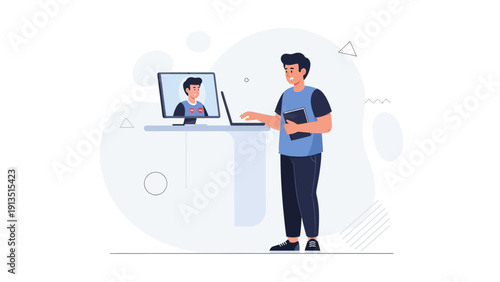 Man participating in video conference, remote work and online learning concept