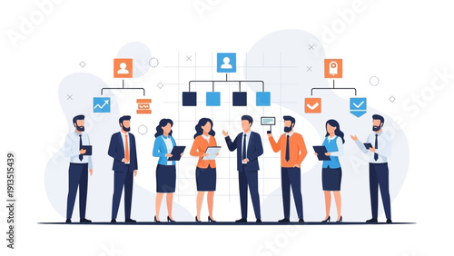 Business Organization Chart with Diverse Team and Icons | Flat Design