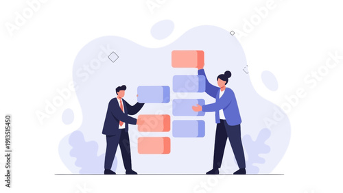 Teamwork building strategy with blocks, business concept illustration