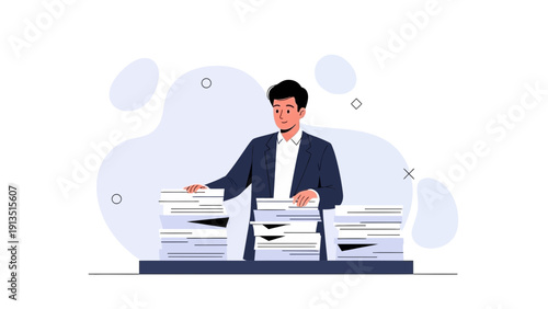 Businessman Overwhelmed by Piles of Documents, Paperwork Overload Concept