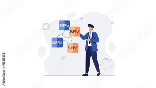 Businessman managing supply chain network, logistics concept illustration