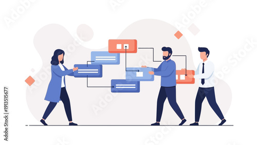 Teamwork building flowchart, business process, collaboration and strategic planning