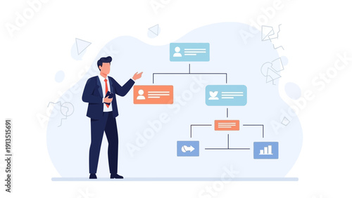 Businessman presenting organizational chart, business strategy, teamwork concept