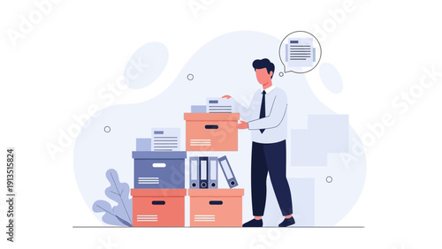 Businessman Organizing Paperwork and Files in Office Storage Boxes