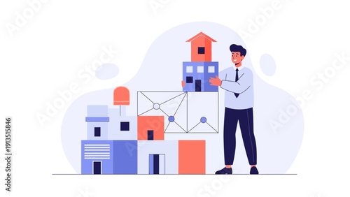 Real Estate Development Concept: Man Building Miniature Houses