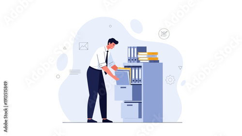Businessman Organizing Files in Office Filing Cabinet - Business Workflow Concept