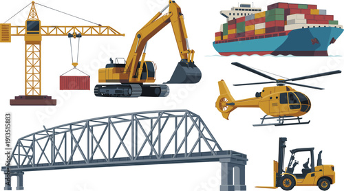 Collection of industrial transport and construction elements including tower crane, excavator, container cargo ship, helicopter, steel bridge and forklift isolated vector illustration set detailed