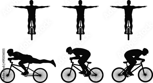 Cyclist performing balance trick and racing positions silhouette set showing bicycle stunts and speed poses, professional cycling sport concept, black vector illustration isolated on white background
