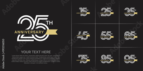 Anniversary logo type set with double line number. white color with small golden ribbon for celebration event