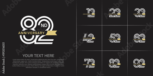 Anniversary logo type set with double line number. white color with small golden ribbon for celebration event