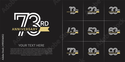 Anniversary logo type set with double line number. white color with small golden ribbon for celebration event