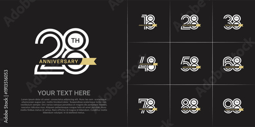 Anniversary logo type set with double line number. white color with small golden ribbon for celebration event