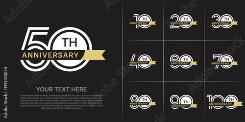 Anniversary logo type set with double line number. white color with small golden ribbon for celebration event
