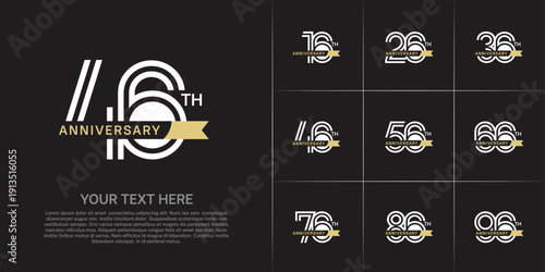 Anniversary logo type set with double line number. white color with small golden ribbon for celebration event