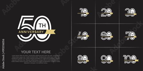Anniversary logo type set with double line number. white color with small golden ribbon for celebration event