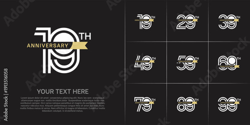 Anniversary logo type set with double line number. white color with small golden ribbon for celebration event