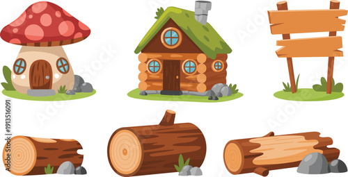 Cute forest cartoon objects set featuring mushroom house, wooden cabin, log pieces, rustic signboard, fairy tale nature elements, colorful vector illustration isolated on white background